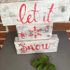 Distressed Wood Let it Snow Rustic Wood Shelf Sitters Handcrafted Red & White